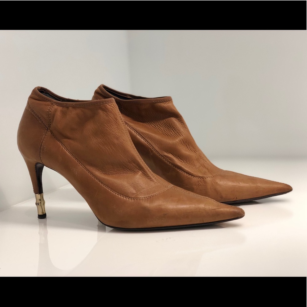 Tan Gucci Booties with Gold Heel Detailing